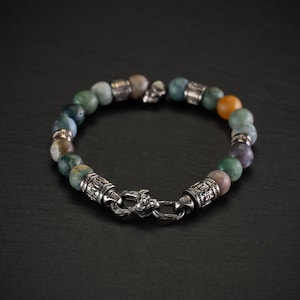 Moss Agate Beaded Bracelet, Handmade Unique Bracelet Gift for Men 925 Silver Skull Beads & Green Agate Witch Vintage Womens Gothic Bracelet