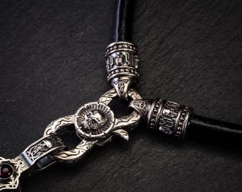 Leather Necklace Silver Сarabiner Lock to be worn with Pendant, Gothic Black Leather 5mm Claw Necklace Men, Viking Biker Punk Jewelry Vibes
