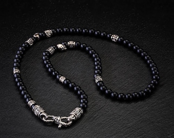 Mens Gothic Necklace, Black Agate Gemstone Men Casual Handmade Choker, Sterling Silver Skull Punk Rock Necklace, Ethnic Jewelry Gift for Him