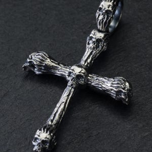 Skull Gothic 925 Silver Cross Pendant, Cross with Skulls High Details Bone Figure, Charm Silver Cross Necklace Chain Mens Pendant Goth Charm