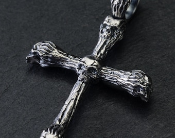 Skull Gothic 925 Silver Cross Pendant, Cross with Skulls High Details Bone Figure, Charm Silver Cross Necklace Chain Mens Pendant Goth Charm