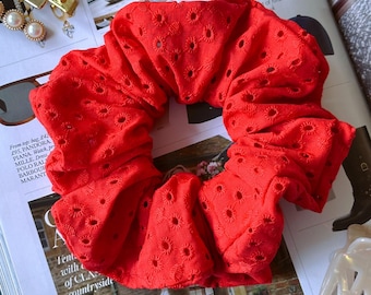 Handmade Red Broderie Anglaise Scrunchie: Cotton Hair Tie