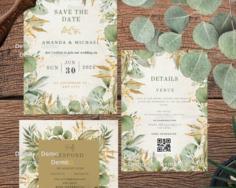 Greenery Hochzeit Bundle QR-Code, Wildblumen Einladung Vorlage, Save the date, Hochzeitsdetails, Hochzeit Antwortkarten, mobile Einladung, printable