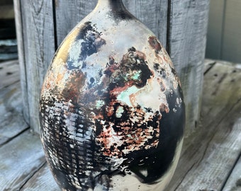 Pitfired 9.5in  wheel thrown bottle