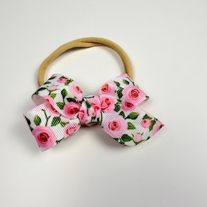 Pink Roses Gentle Bow on Nylon Headband or Clip