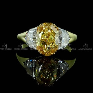 Bague fantaisie 3 carats avec diamants jaunes vifs et demi-lune taillés en laboratoire en or jaune 14 carats, bague unique, bijoux modernes, bague à trois pierres