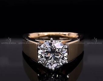 Round Shape Lab Grown Diamond Solitaire Engagement Ring, 925 Sterling Silver Wide Cigar Band