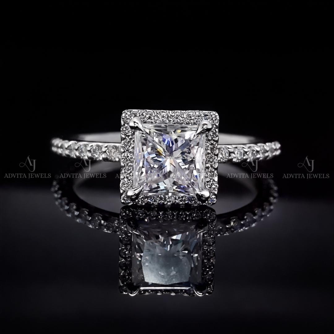 Princess Cut Lab Grown Diamond Engagement Ring | 14K Solid Gold Diamond ...