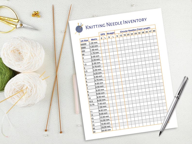 Needle Inventory Knitting Needle Inventory Tracker, Printable and Editable Chart ...