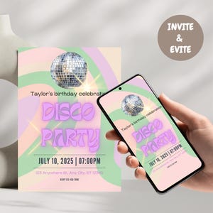 Disco party invite, Birthday Invitation, Editable Party Invitation Template, Digital Instant Download, Groovy Retro Invite, Disco Birthday