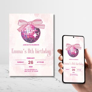 Coquette Birthday Invitation with Pink Bow, Pink Disco Ball Birthday Invitation, Editable Evite Template, Pink birthday Party Invite Flyer