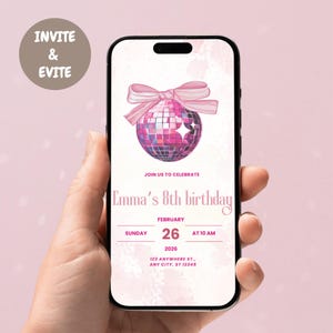Coquette Birthday Invitation with Pink Bow, Pink Disco Ball Birthday Invitation, Editable Evite Template, Pink birthday Party Invite Flyer