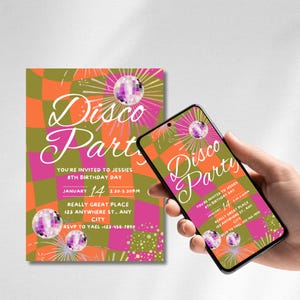 Disco party invite, Birthday Invitation, Editable Party Invitation Template, Digital Instant Download, Groovy Retro Invite, Disco Birthday