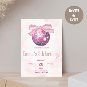 Coquette Birthday Invitation with Pink Bow, Pink Disco Ball Birthday Invitation, Editable Evite Template, Pink birthday Party Invite Flyer