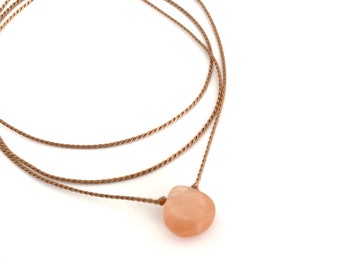 Peach Moonstone Necklace | Silk Cord Necklace | Boho Jewelry | Minimalist Jewelry | Bridesmaid Gifts