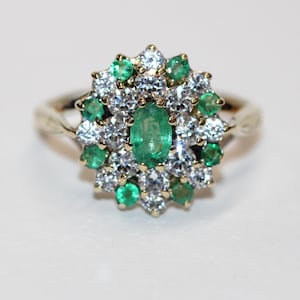 9ct Yellow Gold Emerald and Cubic Zirconia Cluster Ring Size J