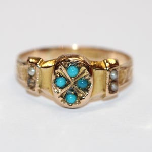 15ct Yellow Gold Turquoise and Pearl Vintage Ring Size N