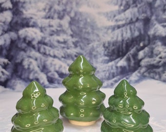 Set of 3 Squatty Trees ~ One Large and Two Small Dark Green Glossy Ceramic Handmade Trees