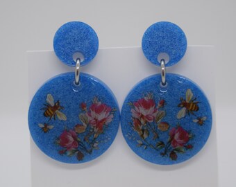 Double Round Party Earrings ~ Handmade Glitter Resin Stud Post Dangle Earrings "Pearly Blue with Roses and Bees" Free Shipping