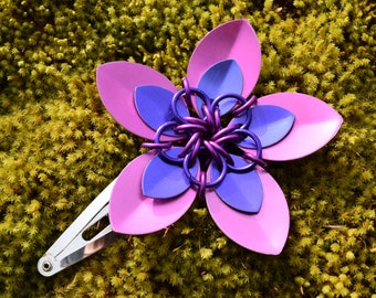 Large Scalemaille Flower Barrette Anodized Aluminum Pink and Purple