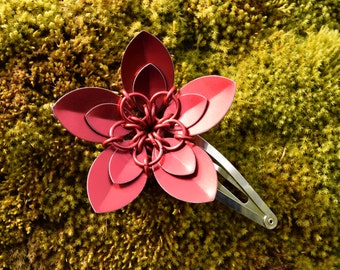 Large Scalemaille Flower Barrette Anodized Aluminum Red on Red