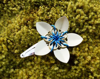 Small Scalemaille Flower Barrette Anodized Aluminum Gold and Turquoise