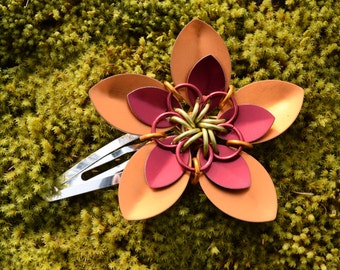 Large Scalemaille Flower Barrette Anodized Aluminum Orange and Red