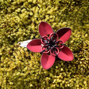 Small Scalemaille Flower Barrette Anodized Aluminum Red and Black