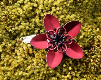 Small Scalemaille Flower Barrette Anodized Aluminum Red and Black