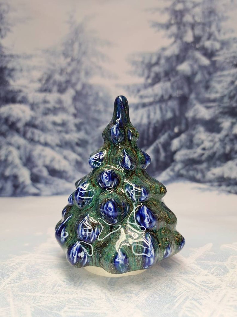One Handmade Glazed Ceramic Christmas Tree Enchanted Blue image 2