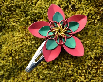 Large Scalemaille Flower Barrette Anodized Aluminum Red and Green