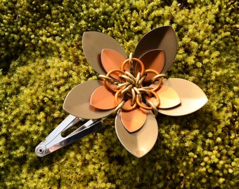 Large Scalemaille Flower Barrette Anodized Aluminum Bronze and Orange