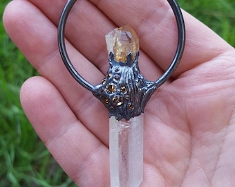 Citrine and Quartz Point Electroformed Copper Pendant with a textured center set with Swarovski Crystal Chatons