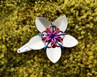 Small Scalemaille Flower Barrette Anodized Aluminum Gold and Multicolor