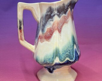 Handmade Ceramic Drink Pitcher or Jug ~ Drippy Rainbow on Ivory, 12 oz capacity