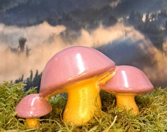 Triple Mushroom Forest ~ Handmade Ceramic Sculpture in Mauve and Saffron