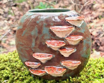 Handmade Slipcast Mossy Pillow Vase with Hand-Sculpted Shelf Mushrooms