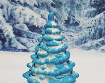 One Handmade Glazed Ceramic Christmas Tree ~ Frozen Blue with Snow
