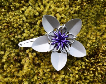 Small Scalemaille Flower Barrette Anodized Aluminum Silver and Purple