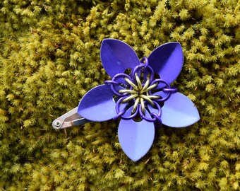 Small Scalemaille Flower Barrette Anodized Aluminum Purple and Gold