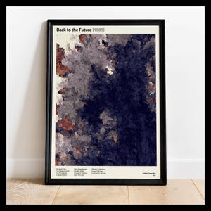 Puede incluir: Un póster con un diseño abstracto en azul, gris y marrón. El póster tiene el título "Regreso al futuro (1985)" en la parte superior y una lista de nombres en la parte inferior. Los nombres incluyen Michael J. Fox, Christopher Lloyd, Lea Thompson, Crispin Glover, Mary Steenburgen, Claudia Wells, Thomas F. Wilson y Millie Parrish.