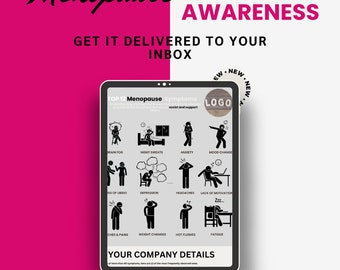 Op de afbeelding: Een digitaal tabletscherm toont een lijst van de 12 meest voorkomende menopauze symptomen, waaronder hersenmist, nachtelijk zweten, angst, stemmingswisselingen, verlies van libido, depressie, hoofdpijn, gebrek aan motivatie, pijn, gewichtsverandering, opvliegers en vermoeidheid. De tekst "TOP 12 Menopause Symptoms" en "assist and support" is zichtbaar op het scherm. De tekst "YOUR COMPANY DETAILS" staat onderaan het scherm.