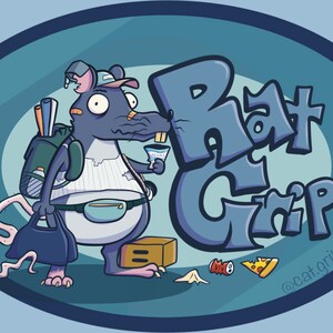May include: A cartoon rat wearing a baseball cap, a backpack, and a fanny pack, holding a glass of liquid. The rat is standing next to a box and a pizza slice. The text "Rat Grip" is written in blue and white graffiti style. The text "@cat.grip" is written in black at the bottom of the image.