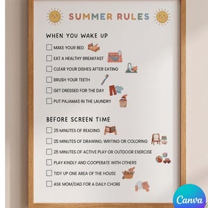 May include: A framed poster with a wooden frame featuring the text "SUMMER RULES" and a list of activities for children. The list includes tasks like making the bed, eating breakfast, and reading. The poster has colorful illustrations.