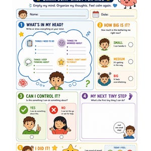 Puede incluir: Una hoja de descarga mental colorida para niños titulada MY BUSY BRAIN. El documento incluye secciones para escribir pensamientos, evaluar el tamaño de las preocupaciones, determinar el control, planificar pasos y registrar sentimientos con personajes.