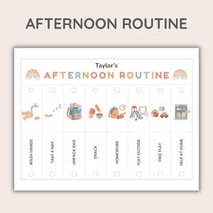 Puede incluir: Un gr&aacute;fico de rutina de la tarde blanco con el texto "AFTERNOON ROUTINE" y "Taylor's" en letras coloridas. El gr&aacute;fico incluye ilustraciones para actividades como lavarse las manos, tomar una siesta y jugar al aire libre.