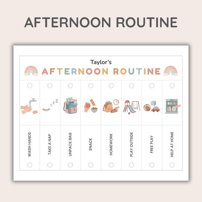 Puede incluir: Un gr&aacute;fico de rutina de la tarde blanco con el texto "AFTERNOON ROUTINE" y "Taylor's" en letras coloridas. El gr&aacute;fico incluye ilustraciones para actividades como lavarse las manos, tomar una siesta y jugar al aire libre.