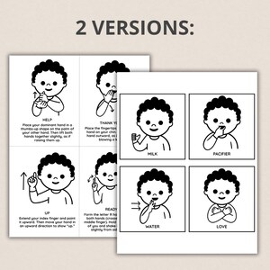 May include: Black and white flashcards with illustrations of sign language for babies. The cards show signs for "Help," "Thank You," "Up," "Ready," "Milk," "Pacifier," "Water," and "Love."