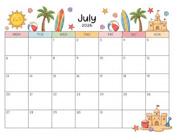 Printable July 2026 Calendar, Editable Calendar, Yellow Summer Sun at the Beach, School Calendar, Homeschool Calendar, Cute Beach Calendar
