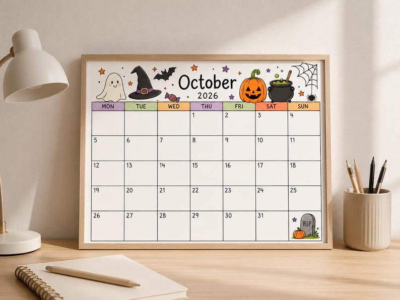 Peut inclure: Un calendrier mural horizontal pour octobre 2026 dans un cadre en bois clair. L'en-t&ecirc;te pr&eacute;sente des illustrations d'Halloween color&eacute;es, notamment un fant&ocirc;me, un chapeau de sorci&egrave;re, une chauve-souris, une citrouille, un chaudron et une toile d'araign&eacute;e. La grille affiche les dates du 1 au 31.